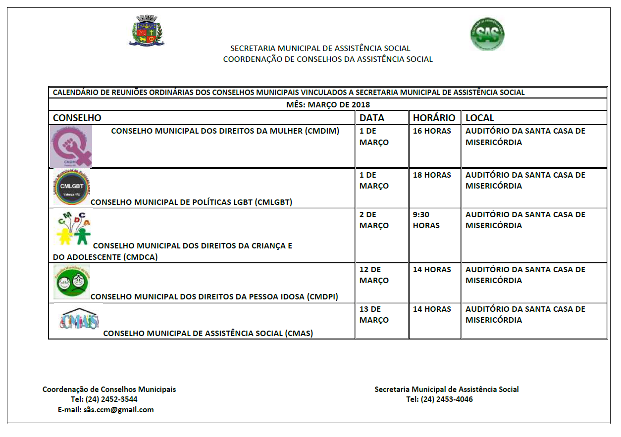 Calendário de Reuniões Ordinárias dos Conselhos Municipais ...